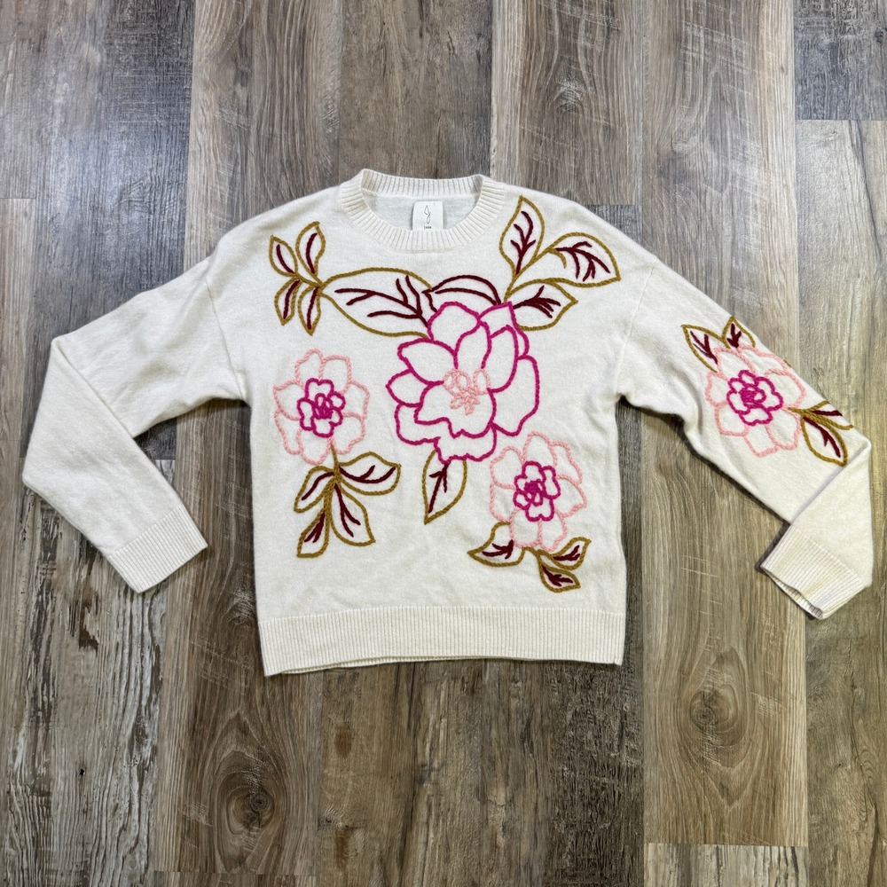 Joie Sweater Women Medium White 100% Cashmere Floral Embroidered Crewneck Jumper